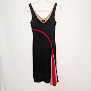 Black Sleeveless Midi Dress with Red and Beige Accents